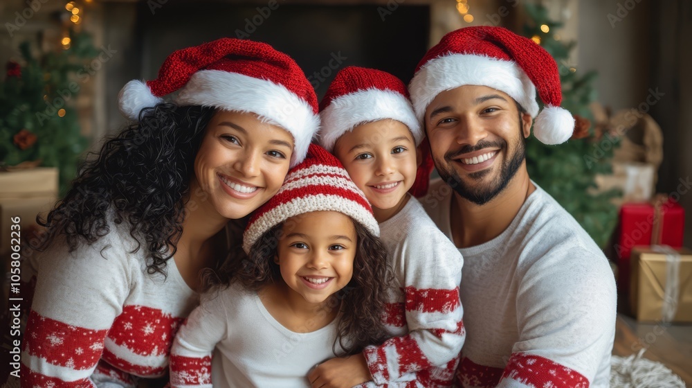 A joyful family in matching holiday pajamas and Santa hats celebrates Christmas together in a warm and festive setting A joyful family in matching holiday pajamas and Santa hats celebrates Christmas together in a warm and festive setting