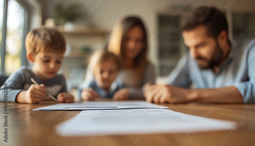 A family seated around a table reviewing insurance papers, serious yet comforting vibe, high realism, focus on care and support, professional lighting, soft tones A family seated around a table reviewing insurance papers, serious yet comforting vibe, high realism, focus on care and support, professional lighting, soft tones