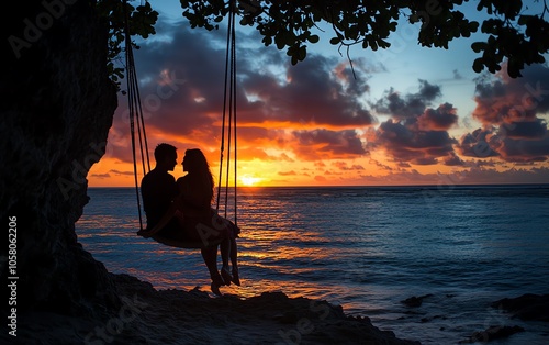 Young couple embracing on a rope swing, silhouetted against a breathtaking sunset at the beach, representing romance and holiday joy in a dreamy setting