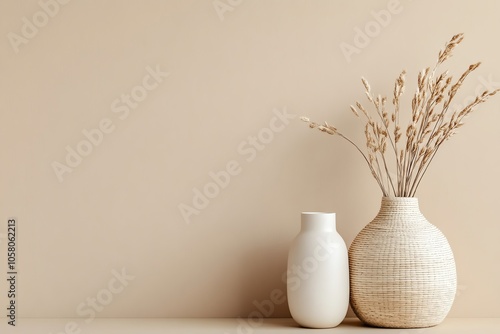 Stylish vases with dried flowers on a neutral background, perfect for home decor inspiration and minimalist design aesthetic.