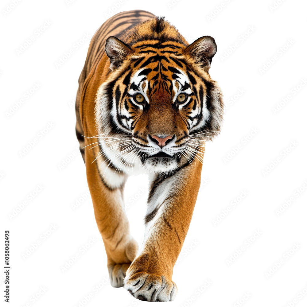 Fototapeta premium Tiger walking gracefully, white isolate background