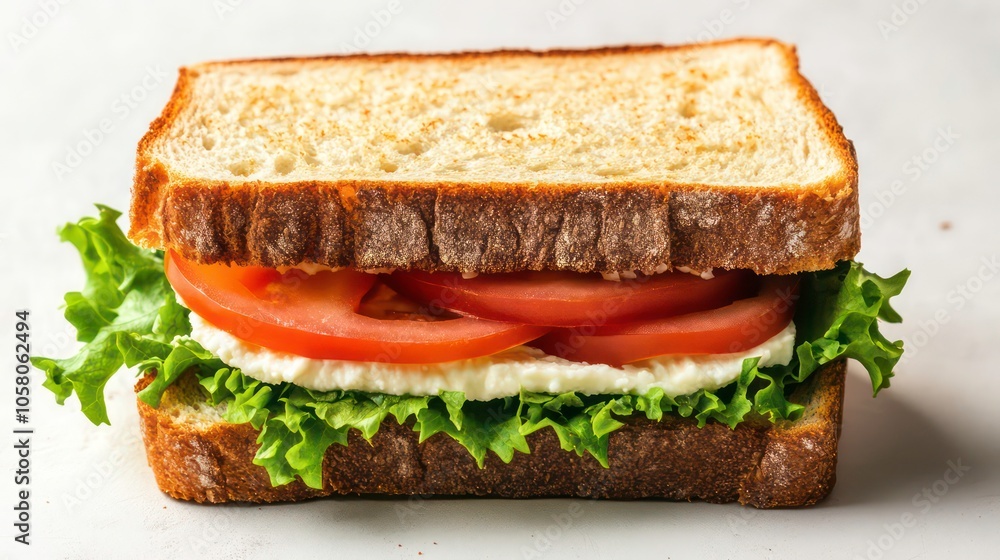 A simple sandwich with mozzarella cheese, tomato, and lettuce on two slices of toasted bread. A simple sandwich with mozzarella cheese, tomato, and lettuce on two slices of toasted bread.