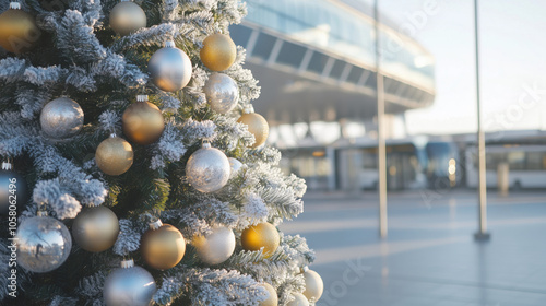 A beatifully decorated Christmas tree with golden and silver ornaments in front of a parked bus in an international bus station photo