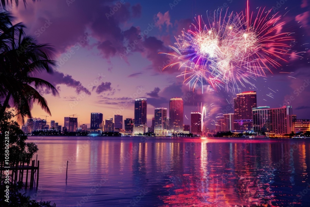 Obraz premium Vibrant Miami skyline with dazzling fireworks, ideal for festive themes.