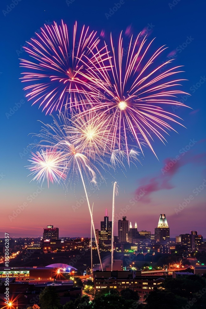Fireworks display over cityscape at dusk during Omaha celebration event Fireworks display over cityscape at dusk during Omaha celebration event