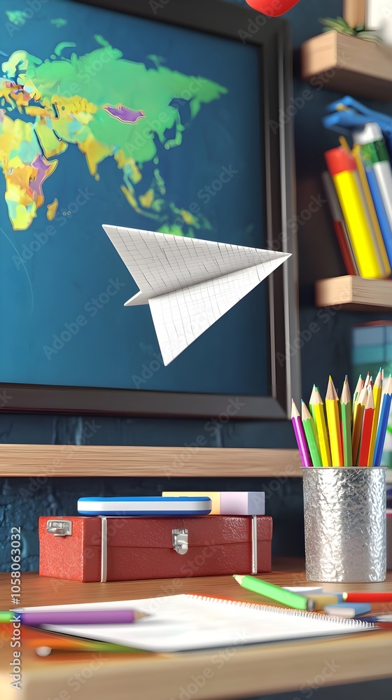 Paper Plane Flying Over School Desk with Supplies Paper Plane Flying Over School Desk with Supplies