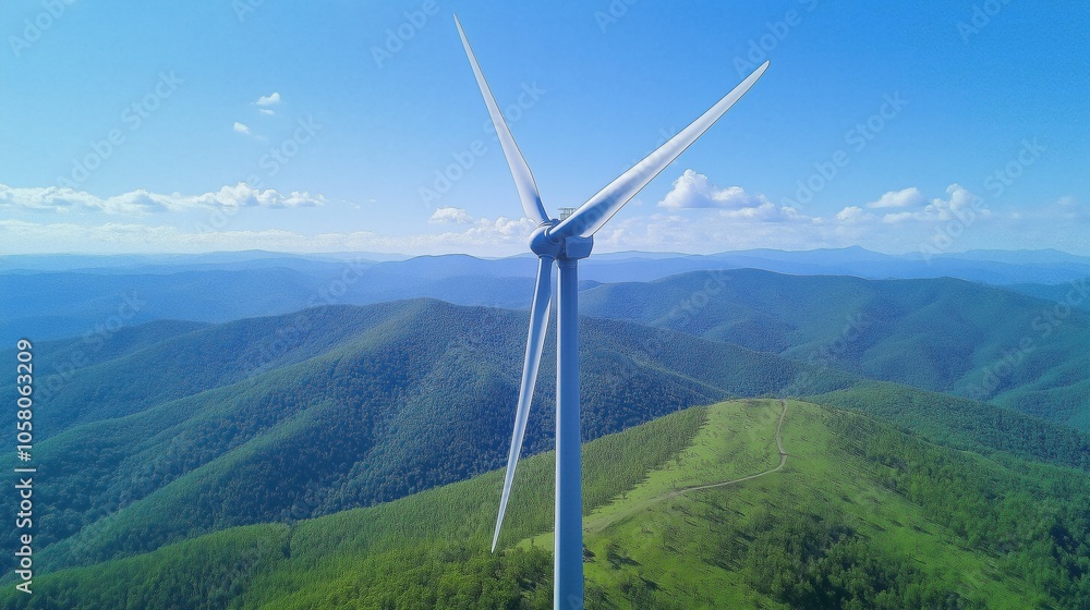 Aerial view of a wind turbine standing tall on green hills under a clear blue sky. Aerial view of a wind turbine standing tall on green hills under a clear blue sky.