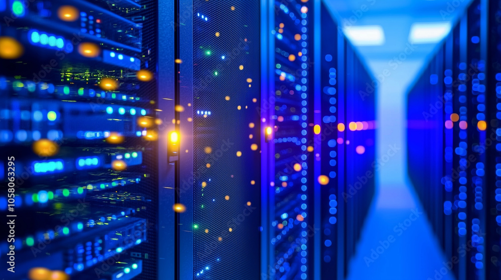 Close up of server rack in modern data center with blinking lights Close up of server rack in modern data center with blinking lights