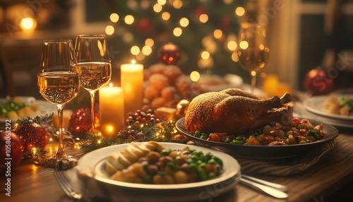 Eating a holiday feast with glowing AR meal preparation tools, cozy indoor dining room, soft warm lighting, photorealistic