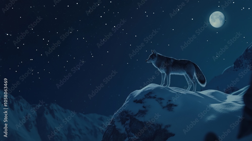 A majestic wolf standing on a snowy mountain peak under a starry night sky. A majestic wolf standing on a snowy mountain peak under a starry night sky.