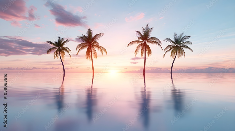 Dreamy tropical landscape, palm trees forming abstract shapes under a glowing sunset, pink and orange tones filling the sky and reflecting on water Dreamy tropical landscape, palm trees forming abstract shapes under a glowing sunset, pink and orange tones filling the sky and reflecting on water