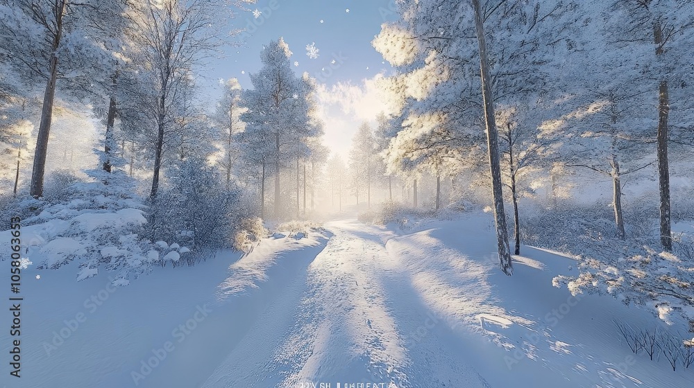 Obraz premium Exploring snowcovered woods with glowing AR navigation tools, serene snowy forest, soft natural lighting, photorealistic
