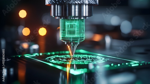 Detailed view of CNC milling plastic part, glowing digital hologram of the part's blueprint hovering above, illuminated by green neon, futuristic engineering, 3D rendered, ultra-high detail