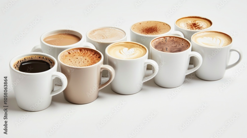 coffee cups of coffee with distance , front view, cappuccino, americano, espresso, mocha, latte, cocoa on white background. coffee cups of coffee with distance , front view, cappuccino, americano, espresso, mocha, latte, cocoa on white background.