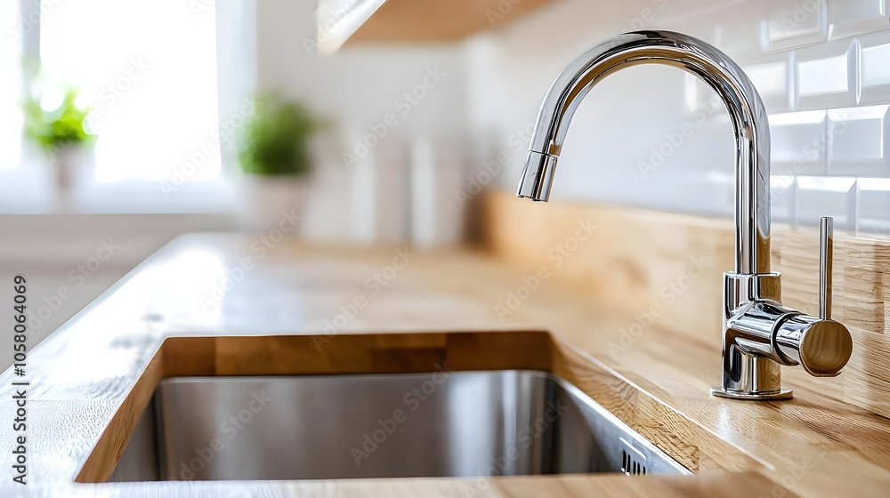 Scandinavian-style kitchen with a wooden countertop, sleek silver faucet over a deep sink, soft natural light fills the scene, leaving space for copy Scandinavian-style kitchen with a wooden countertop, sleek silver faucet over a deep sink, soft natural light fills the scene, leaving space for copy