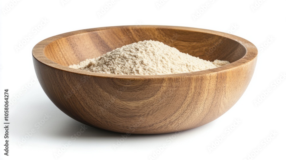 Round wooden bowl with fine flour, perfect for natural, rustic visuals, isolated on white background Round wooden bowl with fine flour, perfect for natural, rustic visuals, isolated on white background
