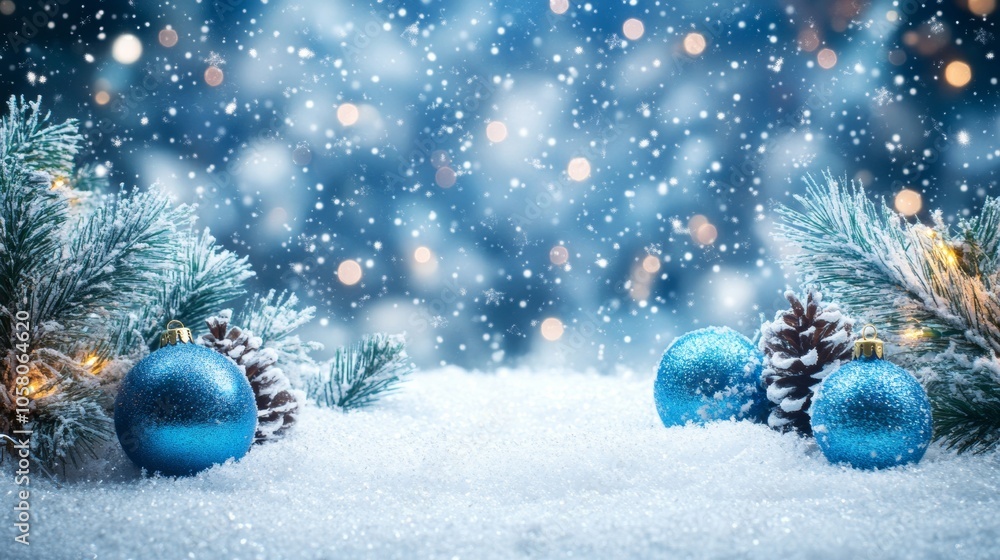 Christmas - Blue bauble on snow with fir branches Christmas - Blue bauble on snow with fir branches