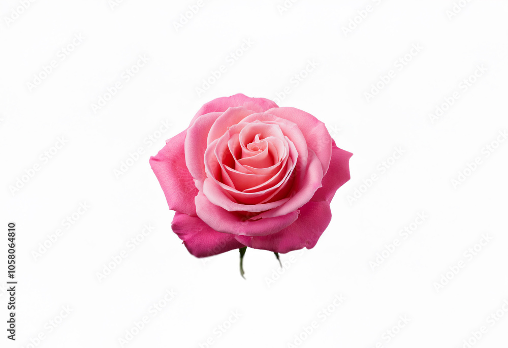 A single pink rose with a white center, with a green stem and leaves, on a plain white background. A single pink rose with a white center, with a green stem and leaves, on a plain white background.
