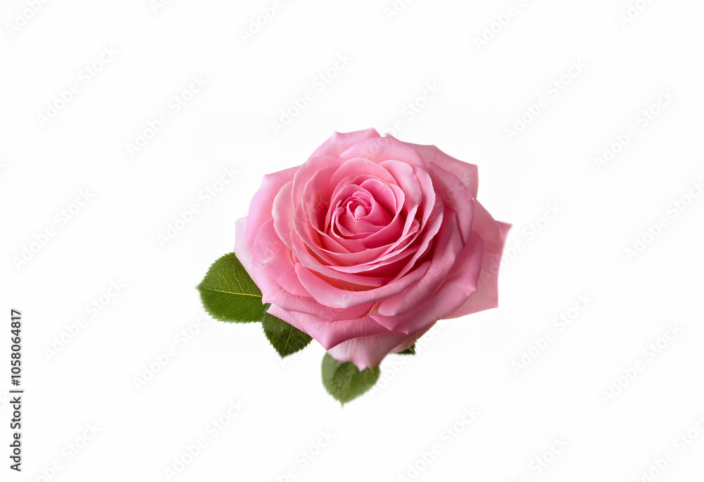 A single pink rose with green leaves, isolated on a white background. A single pink rose with green leaves, isolated on a white background.