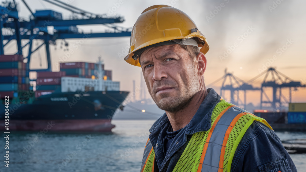 A man in a yellow hard hat stands in front of a large ship. He is wearing a safety vest and he is a construction worker. Concept of hard work A man in a yellow hard hat stands in front of a large ship. He is wearing a safety vest and he is a construction worker. Concept of hard work