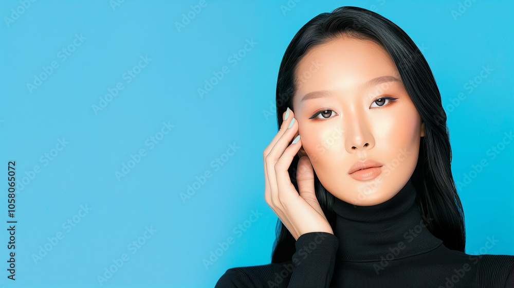 Woman portrait model with hand on face in black turtleneck against blue background Woman portrait model with hand on face in black turtleneck against blue background