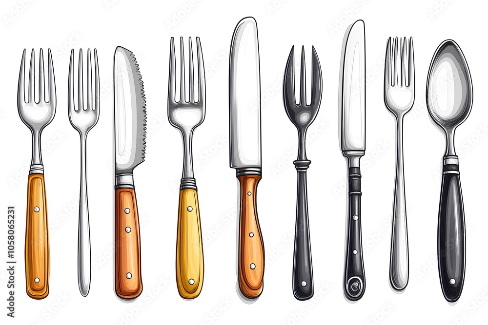 A neat arrangement of cutlery, featuring a variety of forks, knives, and a spoon, each with distinct handle designs and colors. A neat arrangement of cutlery, featuring a variety of forks, knives, and a spoon, each with distinct handle designs and colors.