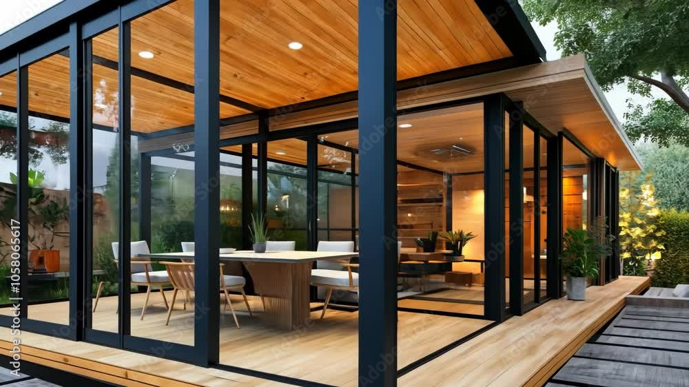 A modern, glass-enclosed dining room with a wooden deck, surrounded by lush greenery A modern, glass-enclosed dining room with a wooden deck, surrounded by lush greenery