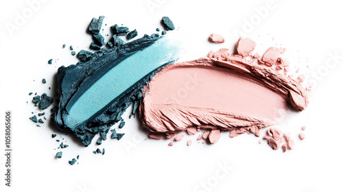 Close-up of two contrasting eyeshadow smudges in blue and pink on a white background, showcasing texture and color.