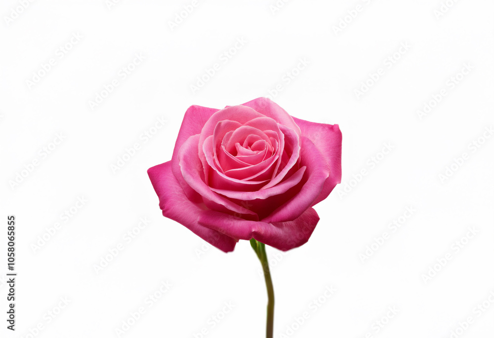 A single pink rose with a white edge sits against a white background. A single pink rose with a white edge sits against a white background.