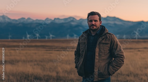 Portrait of a man standing confidently in a field with wind turbines and mountains at sunset