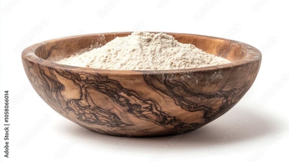 Rustic wooden bowl filled with fine flour, perfect for natural food visuals, isolated on white background Rustic wooden bowl filled with fine flour, perfect for natural food visuals, isolated on white background