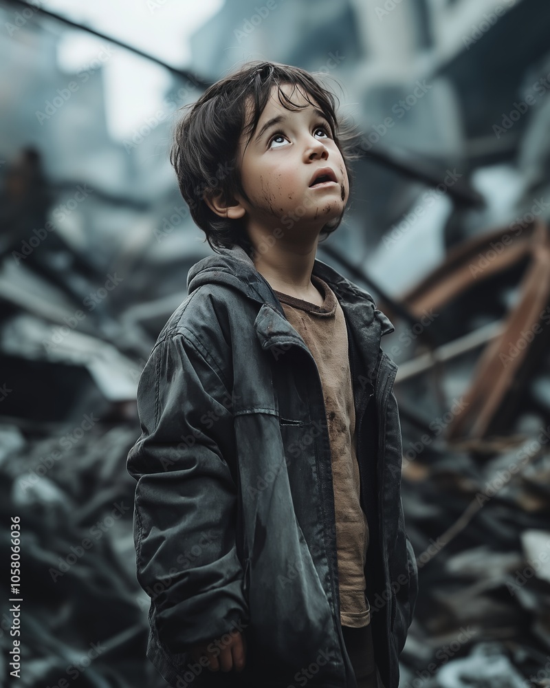Young child with a dirt-streaked face stands amidst rubble looking upwards with a hopeful expression Young child with a dirt-streaked face stands amidst rubble looking upwards with a hopeful expression