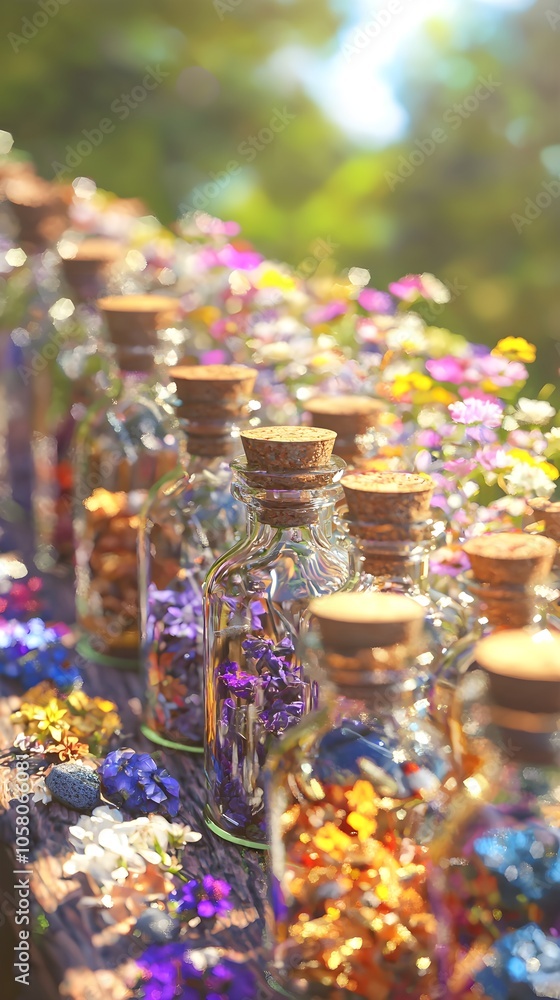 Bottles of Essential Oils with Healing Stones and Herbs Bottles of Essential Oils with Healing Stones and Herbs