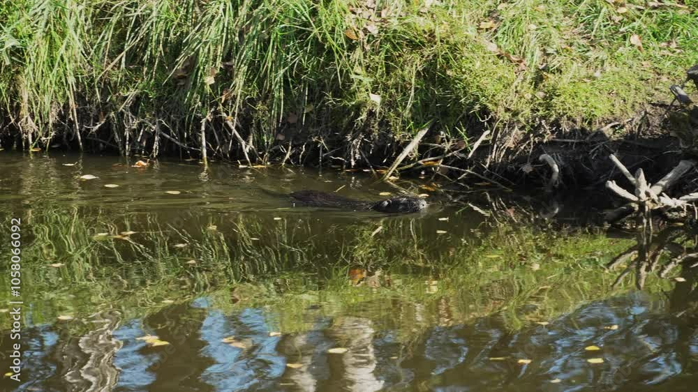 Black Nutria swimming in a pond near the shore, general plan. The animal is also called coypu, water rat, semiaquatic rodent or myocastor coypus Black Nutria swimming in a pond near the shore, general plan. The animal is also called coypu, water rat, semiaquatic rodent or myocastor coypus