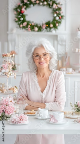 A cheerful elderly woman with curves enjoying a festive Christmas morning in a beautifully decorated kitchen