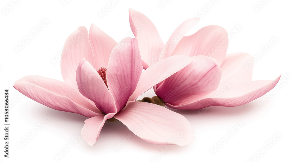 Close-up image of two soft pink magnolia flowers with delicate petals and intricate textures, isolated on a white background for botanical detail and aesthetic beauty. Close-up image of two soft pink magnolia flowers with delicate petals and intricate textures, isolated on a white background for botanical detail and aesthetic beauty.