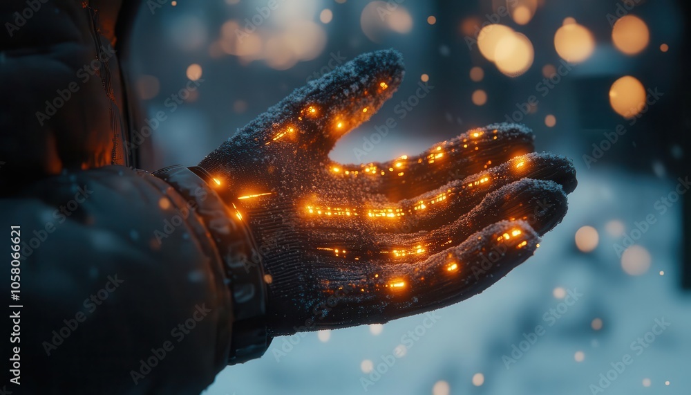 Putting on gloves with glowing AR temperature regulation, cozy outdoor winter setting, soft warm lighting, photorealistic Putting on gloves with glowing AR temperature regulation, cozy outdoor winter setting, soft warm lighting, photorealistic