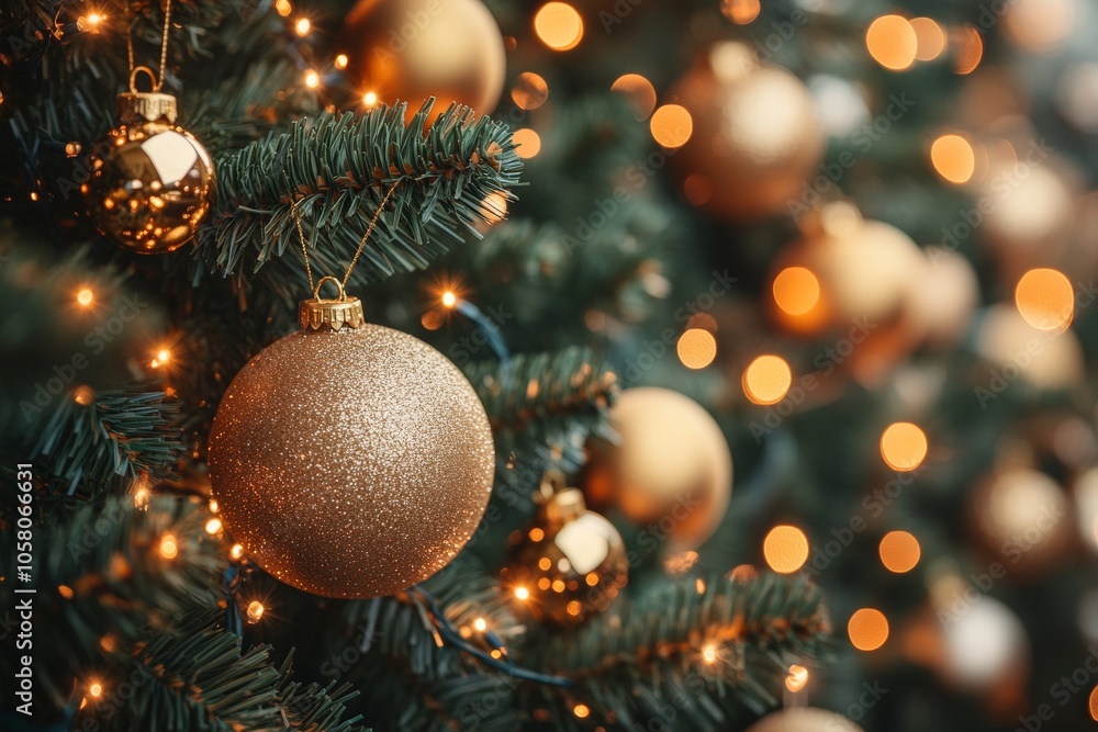 Elegant gold bauble on Christmas tree with warm fairy lights evoking holiday sophistication and timeless festive charm ideal for classic Christmas decorations and settings Elegant gold bauble on Christmas tree with warm fairy lights evoking holiday sophistication and timeless festive charm ideal for classic Christmas decorations and settings