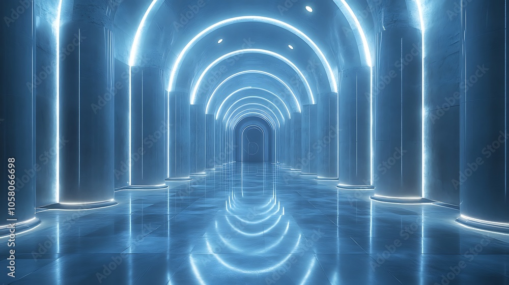 Fototapeta premium Futuristic blue arch stage with sophisticated ambient lighting effects display image