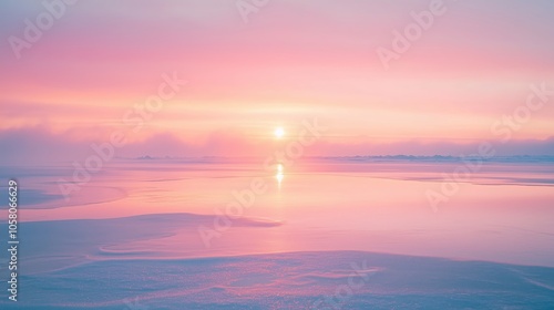 Stunning sunrise over tranquil frozen ocean with pink and purple hues reflecting on icy surface