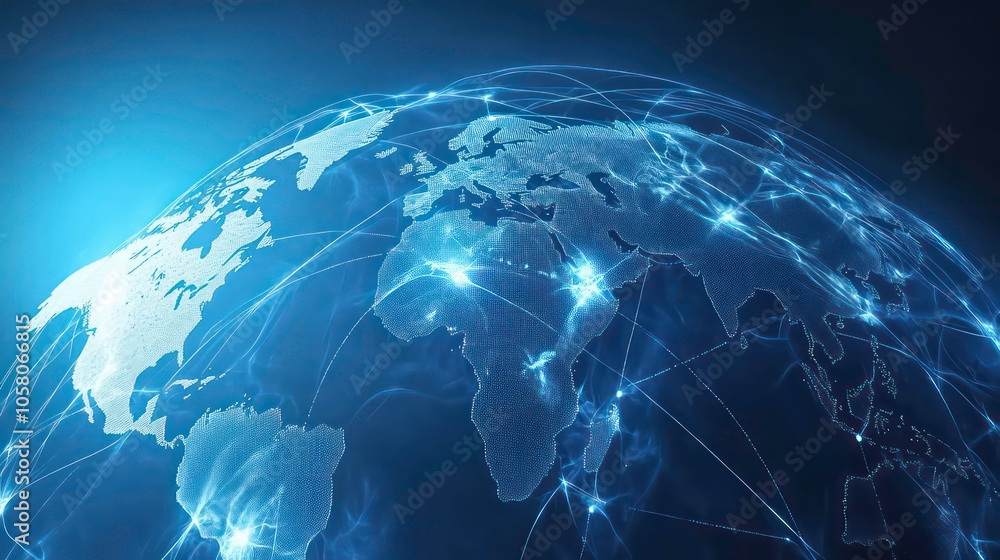 A digital rendering of the globe with glowing lines connecting countries and continents. A digital rendering of the globe with glowing lines connecting countries and continents.