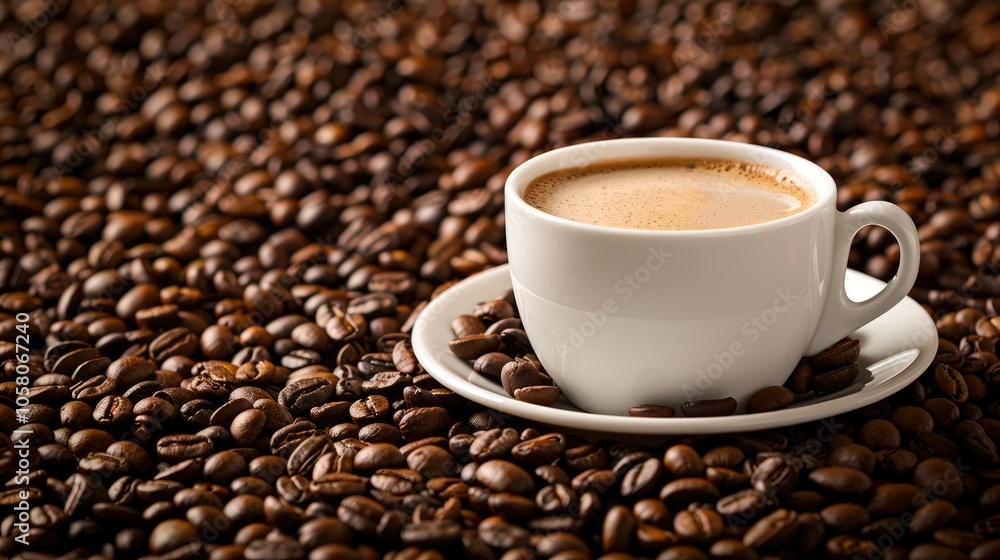 Coffee cup on freshly roasted beans background Coffee cup on freshly roasted beans background