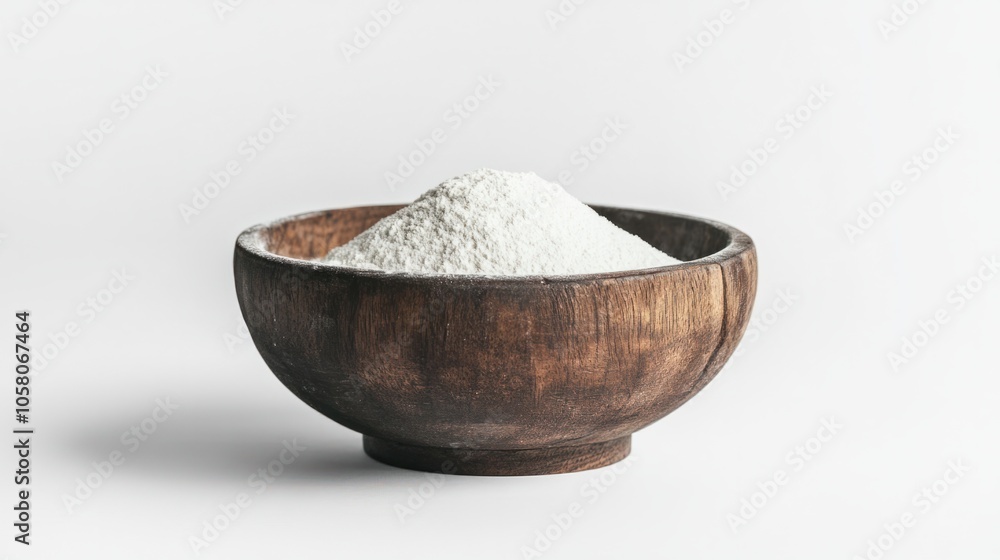 Rustic wooden bowl filled with white flour, adding a natural touch to cooking visuals, isolated on white background Rustic wooden bowl filled with white flour, adding a natural touch to cooking visuals, isolated on white background