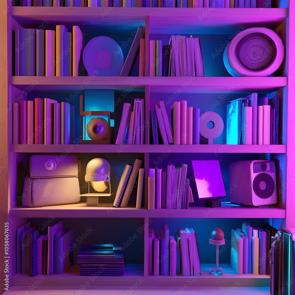 Colorful Library Shelf with Textbooks and Modern Tech Colorful Library Shelf with Textbooks and Modern Tech