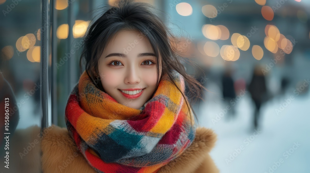 Young woman smiling warmly in a colorful scarf against a winter backdrop filled with soft lights and snowy pathways at dusk Young woman smiling warmly in a colorful scarf against a winter backdrop filled with soft lights and snowy pathways at dusk