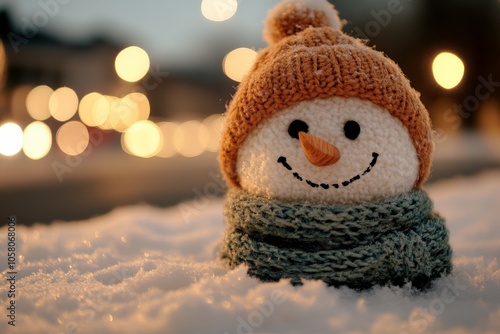 Smiling knitted snowman in a cozy brown hat and scarf sitting in fresh snow illuminated by soft festive lights radiating warmth and holiday cheer photo