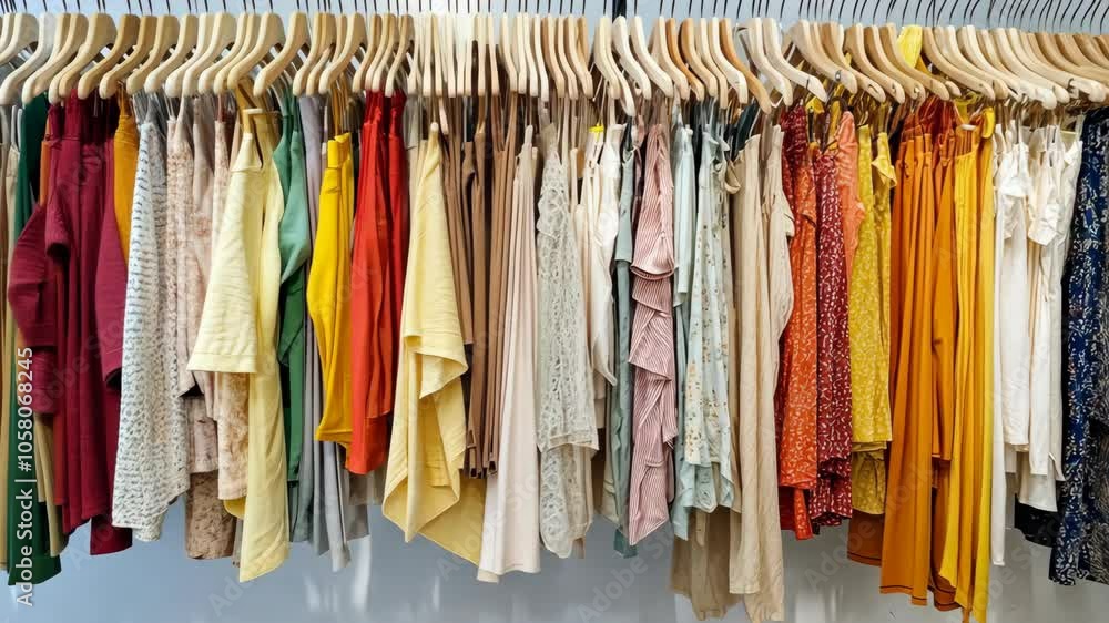 A colorful array of clothing hangs on wooden hangers in a retail store A colorful array of clothing hangs on wooden hangers in a retail store