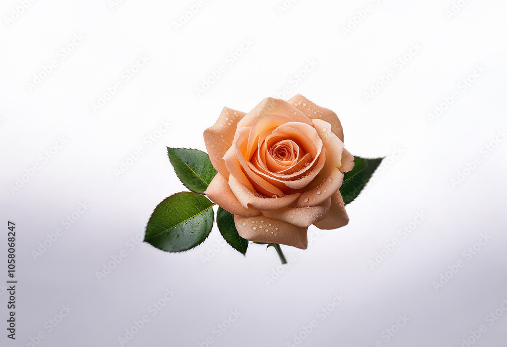Naklejka premium A single peach rose with green leaves against a white background.