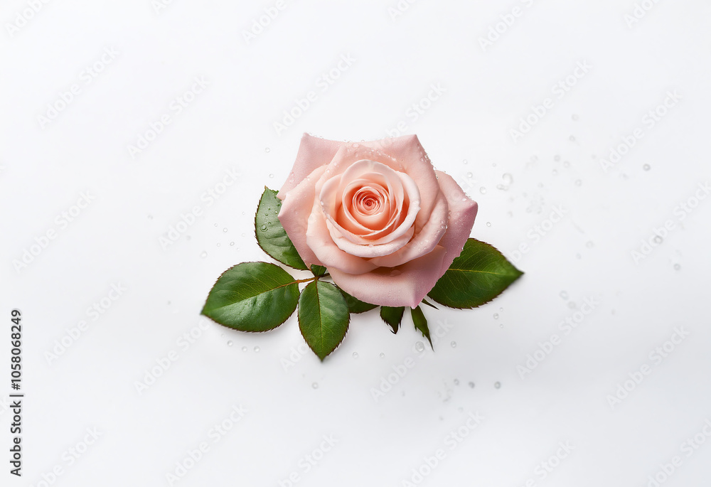 Fototapeta premium A single pink rose with green leaves sits on a white background.