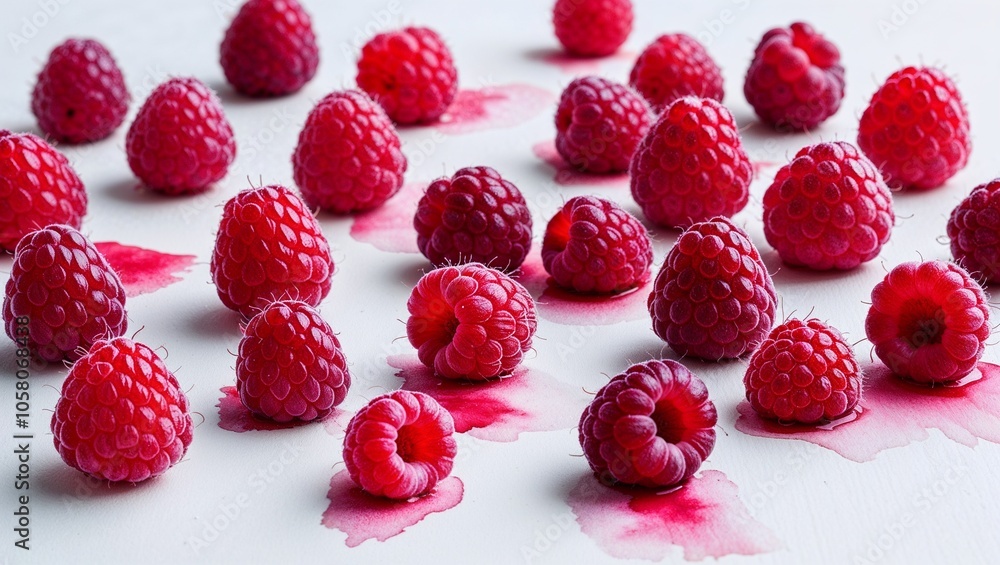 A group of fresh, juicy raspberries on a white background, showcasing their vibrant red color and natural texture.

